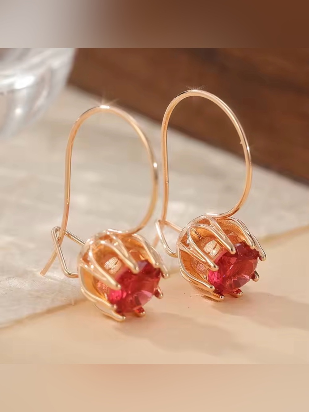 Gold Drop Earrings with Red Gemstones